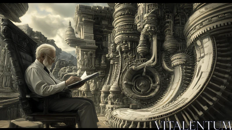 Elderly Man Reading in Surreal Architectural Setting AI Image