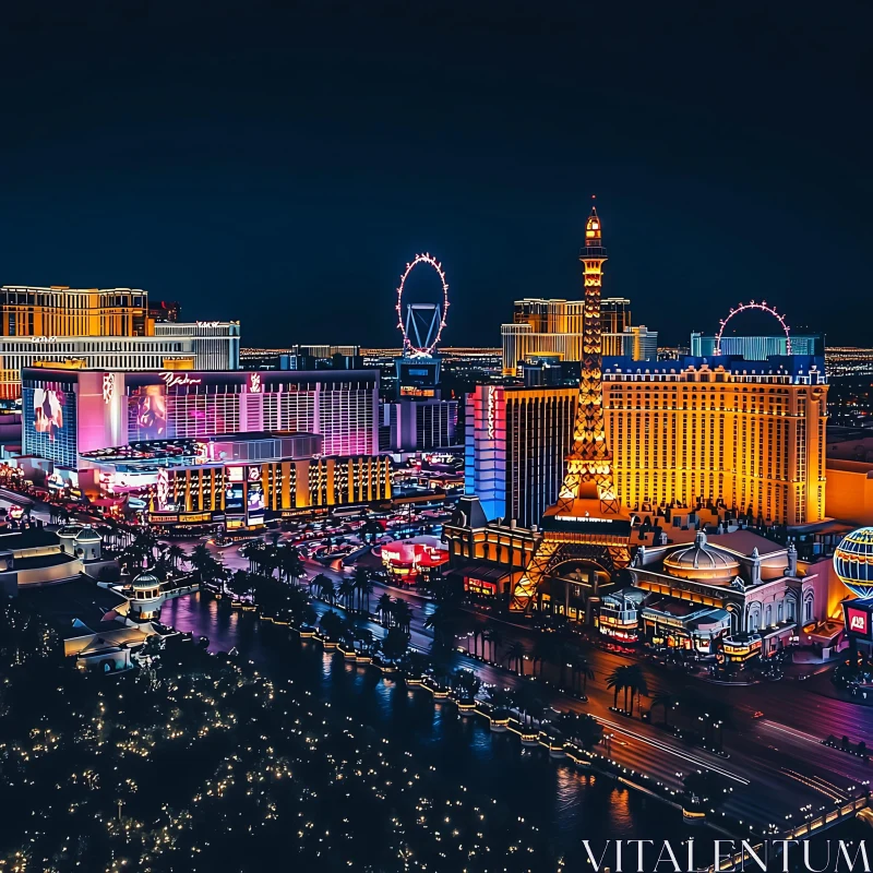 Nighttime Urban Skyline with Vibrant Lights and Iconic Buildings AI Image