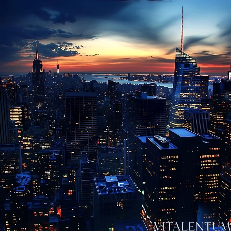 Twilight Urban Landscape with Illuminated Skyscrapers AI Image