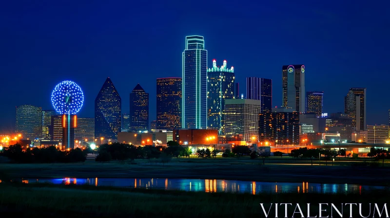 Night View of City with Glowing Buildings and Water Reflection AI Image