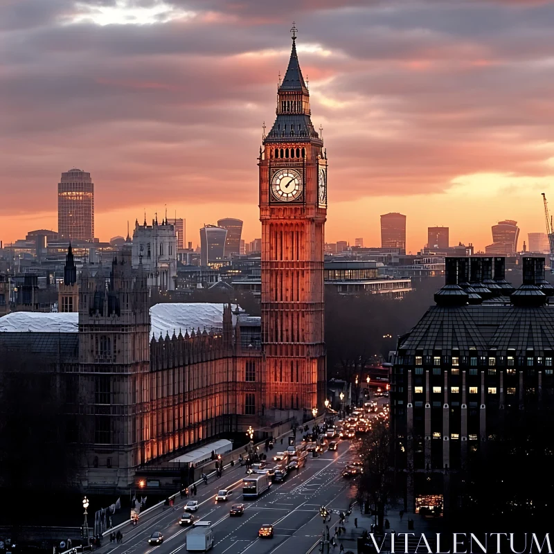 Sunset Over Big Ben and London Cityscape AI Image