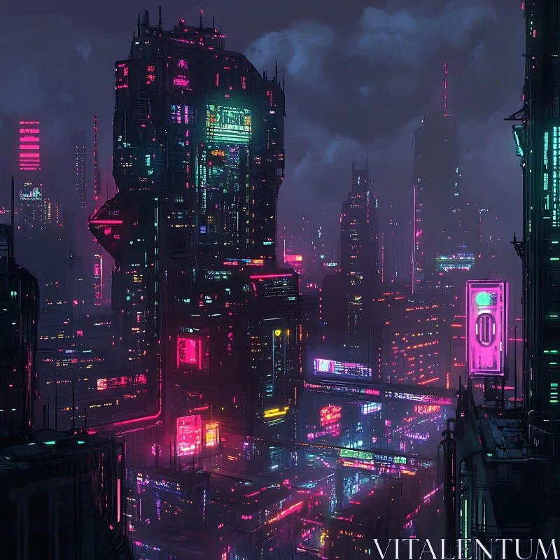 AI ART Futuristic Cyberpunk Urban Skyline with Neon Signs