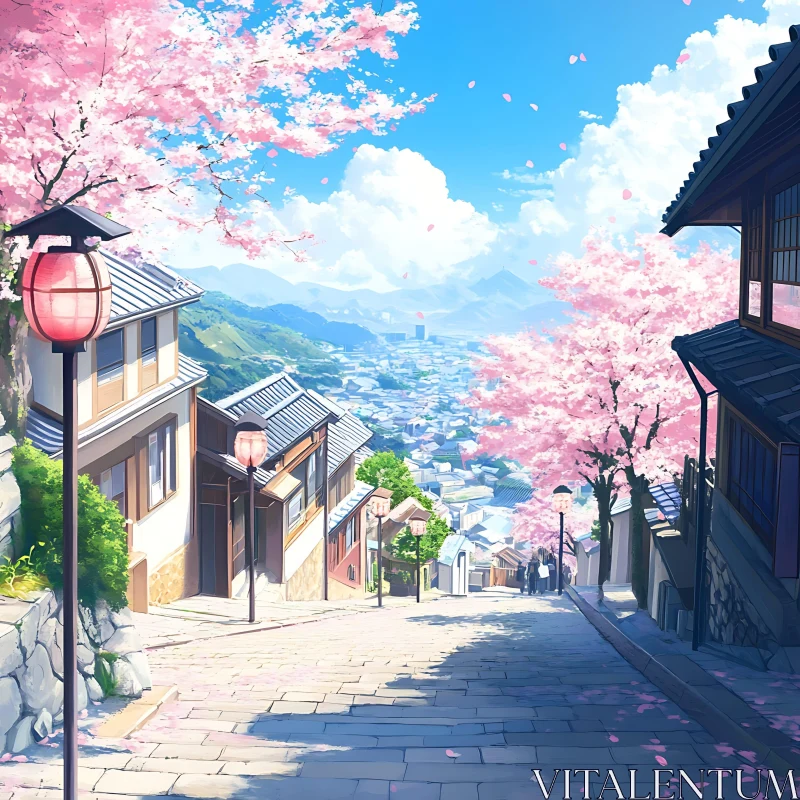 Blossoming Street and Mountain Landscape AI Image