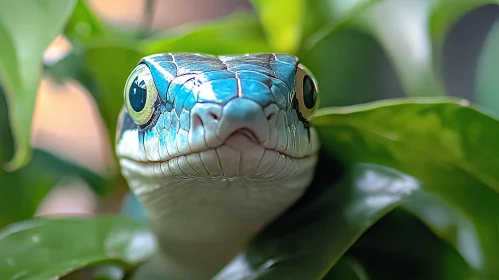 Intense Snake Portrait Among Leaves