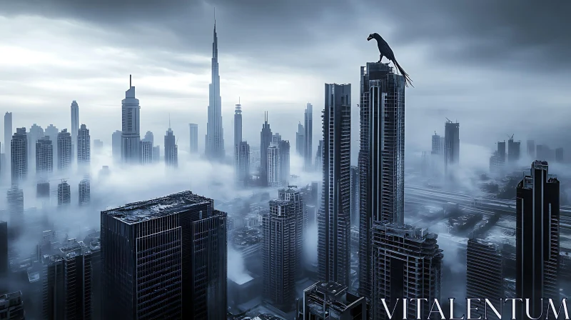 Cityscape with Foggy Atmosphere and Tall Buildings AI Image