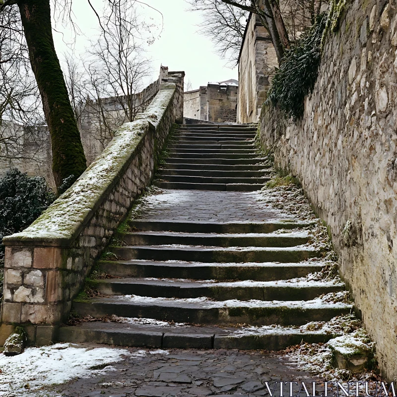 Moss-Covered Ancient Steps in Winter AI Image