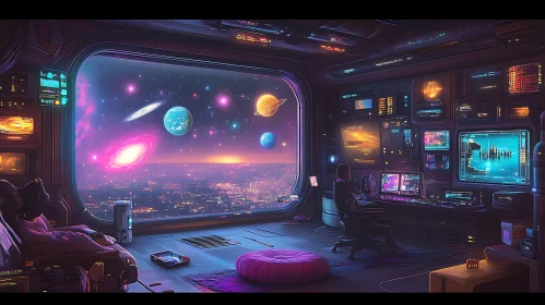 Tech Control Room Overlooking City and Outer Space