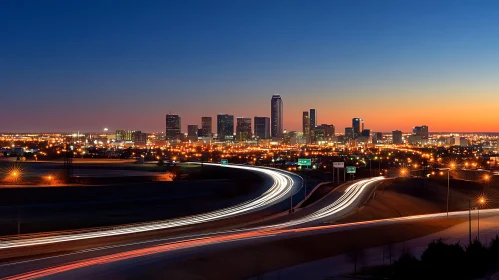 Twilight Cityscape with Light Trails and Illuminated Skyline