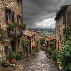 Medieval Village Street Under Stormy Clouds