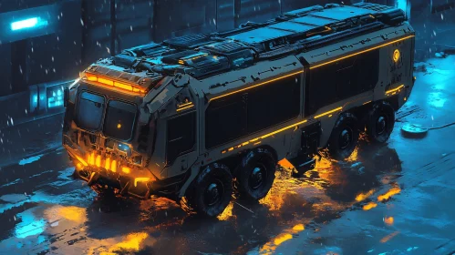 High-Tech Multi-Wheeled Vehicle in Cyberpunk City