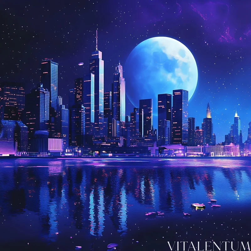 Ethereal City Skyline at Night with Moon and Reflections AI Image