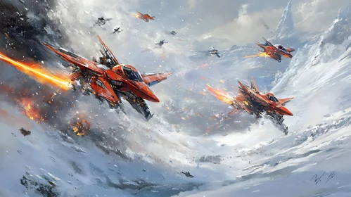 Red Spaceships Combat in Snowy Terrain