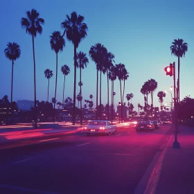 Urban Night Scene with Palm Trees and Light Streaks