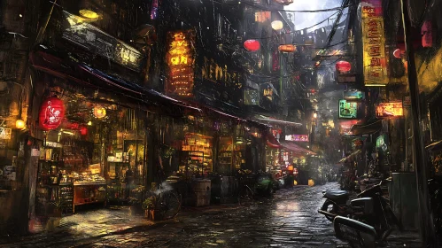 Vivid Urban Scene in Rainy Alley with Shops and Lanterns