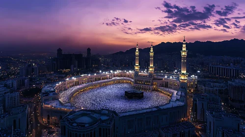 Aerial Night View of a Prominent Mosque