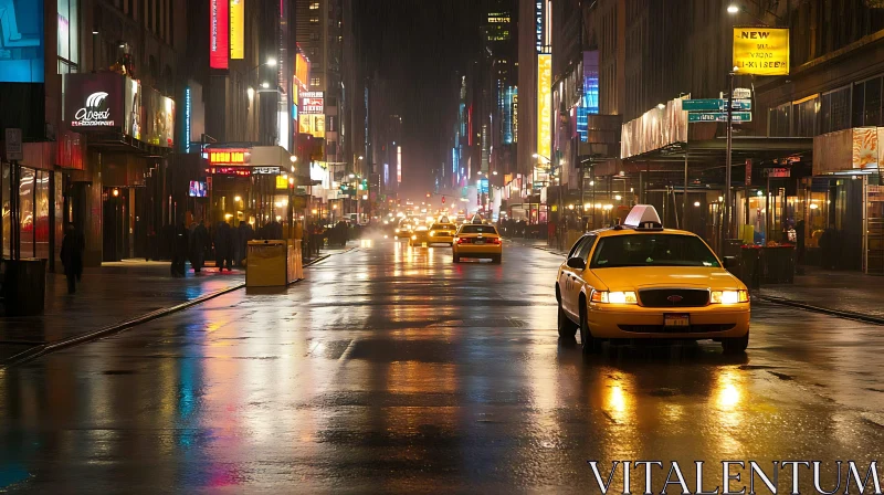 AI ART Urban Nightscape with Taxis and Illuminated Signs