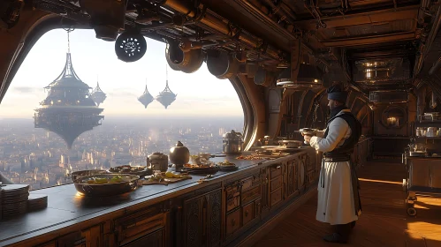 Chef in a Steampunk Kitchen with Floating Buildings