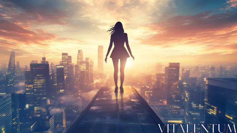 AI ART Woman on Rooftop with City Sunset Background