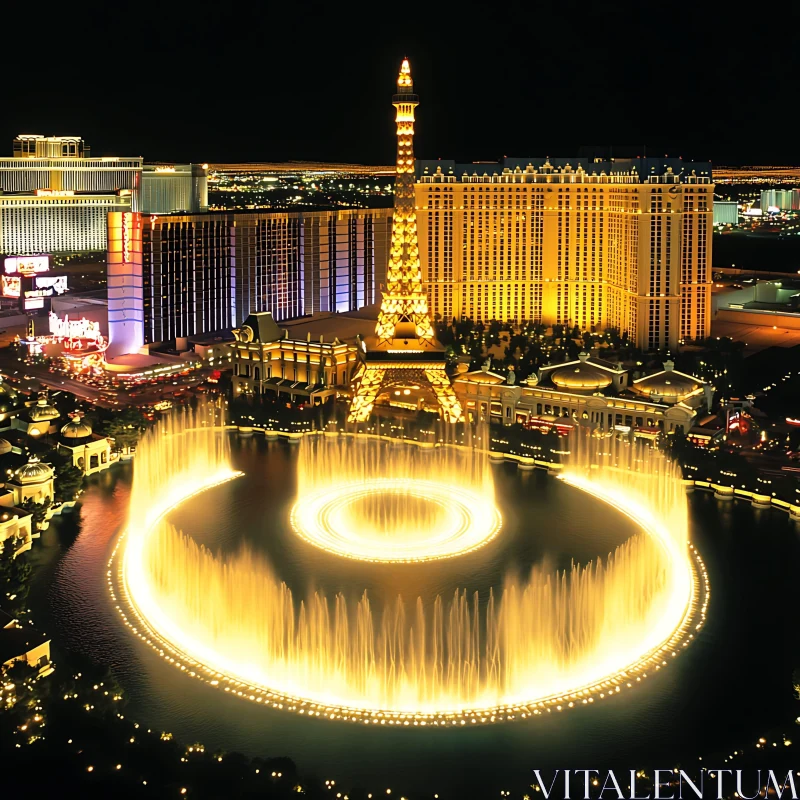 Las Vegas Nightscape with Eiffel Tower and Lighted Fountain AI Image