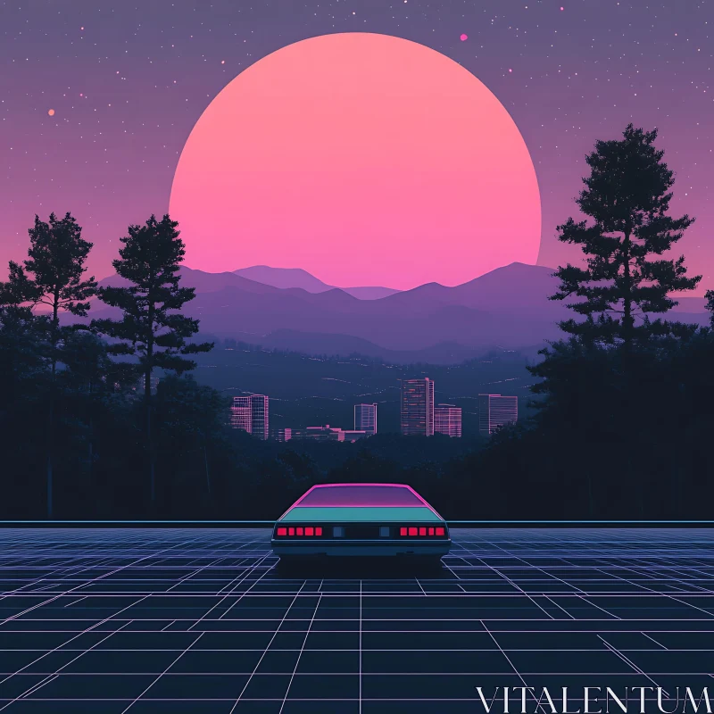 Neon Car and City Under Pink Sun AI Image