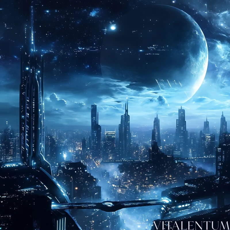 Sci-Fi Urban Skyline with Moonlit Night AI Image