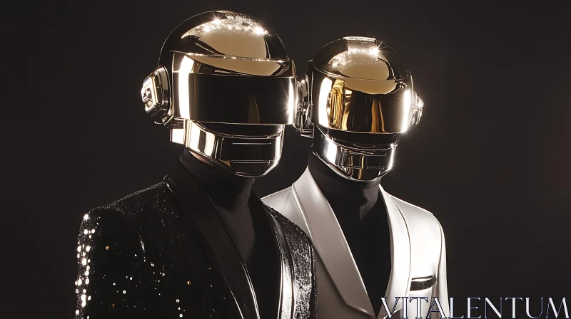 Shiny Helmeted Duo in Stylish Attire AI Image