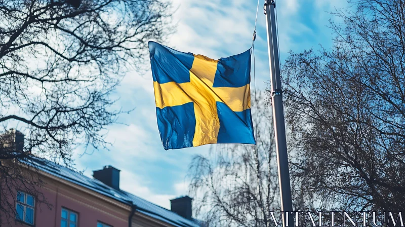 Swedish Flag in Urban Landscape with Trees and Building AI Image