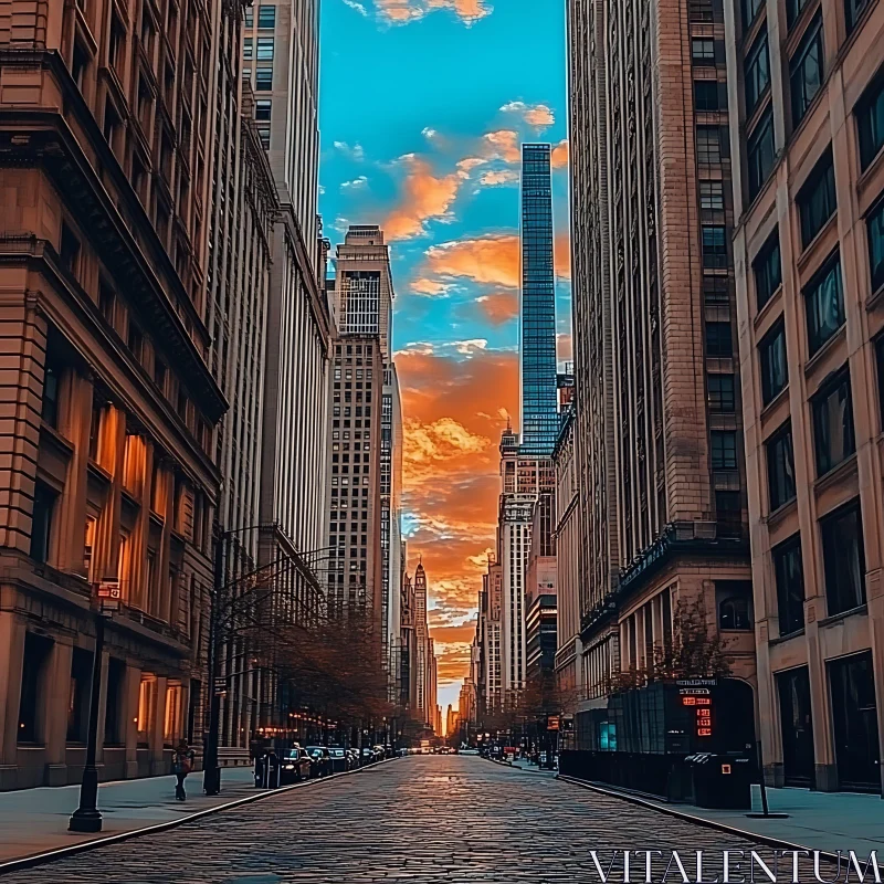 Urban Street Sunset Between Tall Buildings AI Image