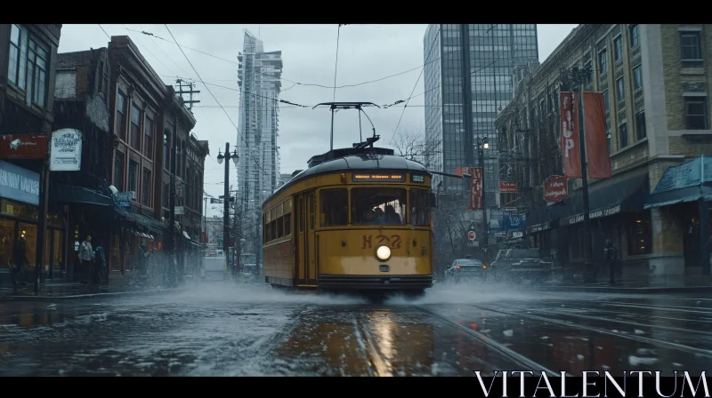 Urban Scene with Yellow Tram in the Rain AI Image