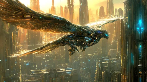 Futuristic City and Mechanical Bird in Golden Light