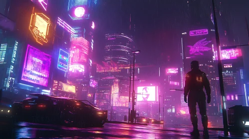 Cyberpunk Urban Scene with Rain and Neon Glow