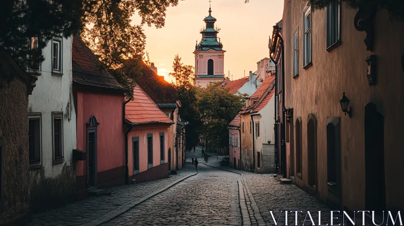 Historic Street and Church at Sunset AI Image