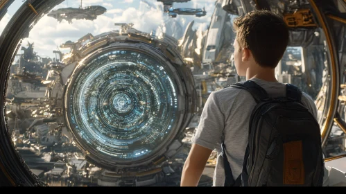 Sci-Fi Future: Boy Exploring Advanced Spaceship Portal