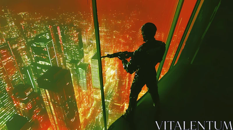 Futuristic Soldier Overlooking Neon City AI Image