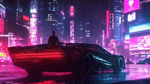 Cyberpunk World: Neon Lights and Futuristic Car