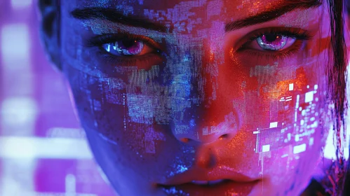 High-Tech Cyborg Face with Neon Digital Elements