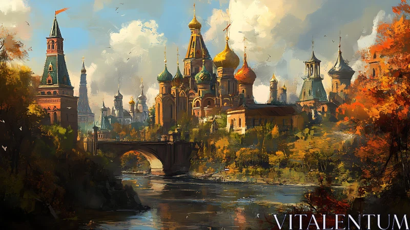 Historic Castle with Colorful Domes by a River AI Image