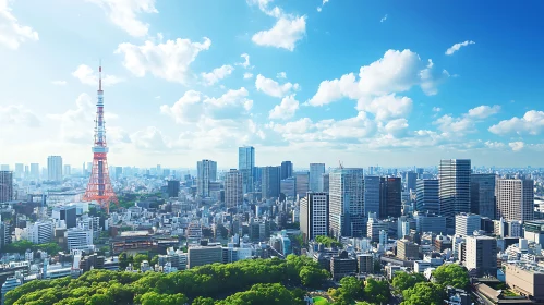 Urban Panorama with Tower and Greenery