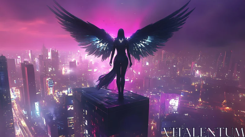 AI ART Glowing Winged Figure in a Neon Night City