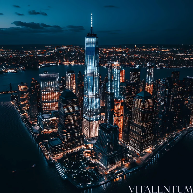 Nighttime Aerial Cityscape with Bright Skyscrapers AI Image