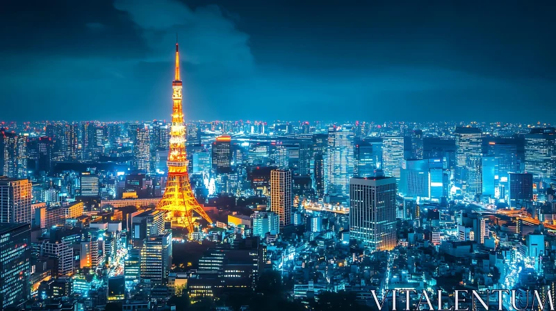 AI ART Tokyo Tower at Night with City Lights