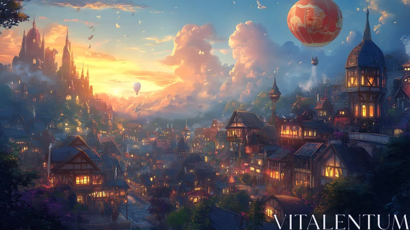 Medieval Village at Sunset with Hot Air Balloons AI Image