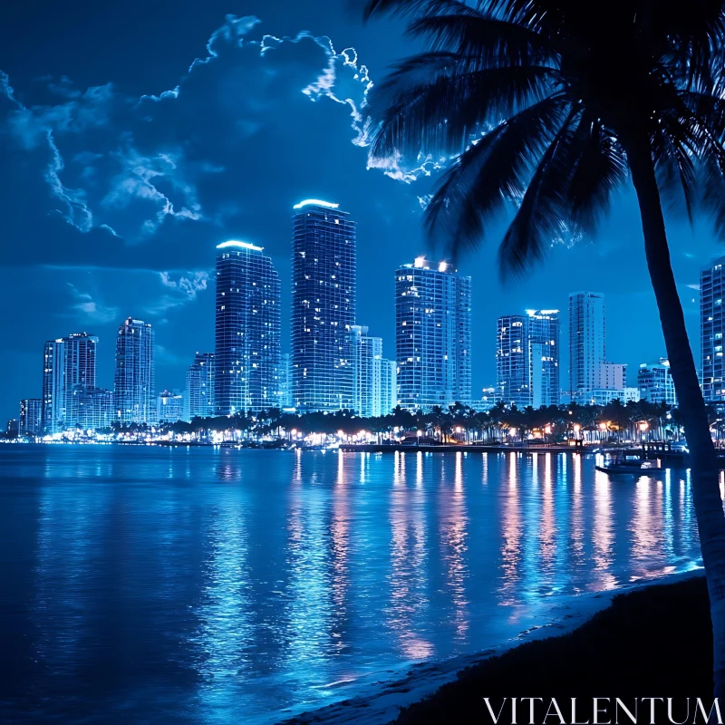 City Skyline Reflected on Ocean by Night AI Image