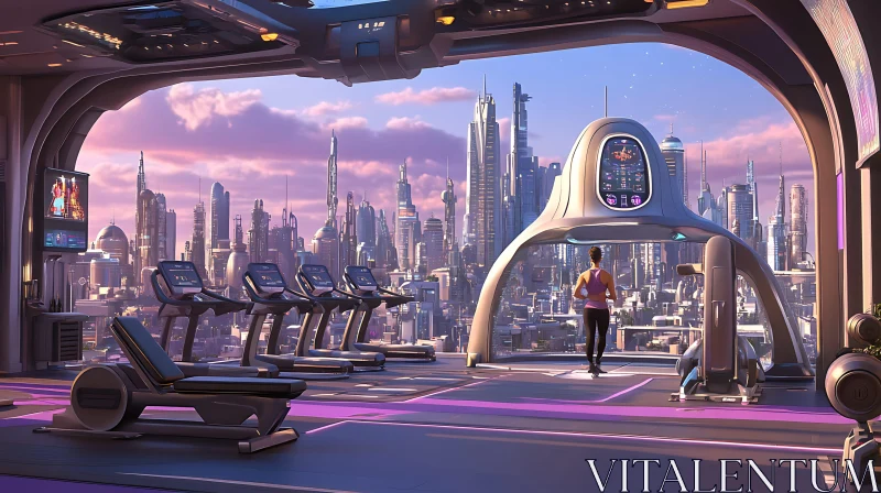 High-Tech Gym Overlooking a Futuristic Cityscape AI Image