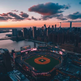 Sunset Over City with Illuminated Baseball Stadium