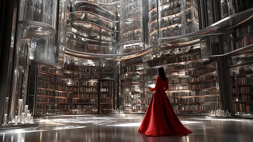 Futuristic Library Scene; Woman Amidst Bookshelves