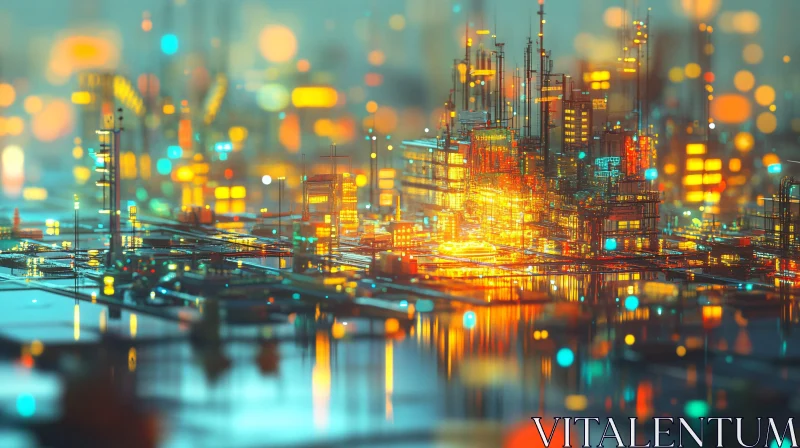 Sci-Fi Urban Landscape with Illuminated Buildings AI Image