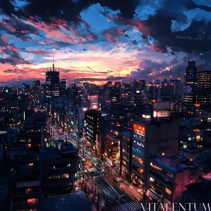 Urban Sunset Skyline with Vibrant Lights AI Image