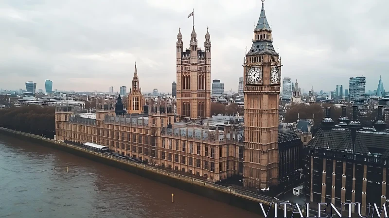 Houses of Parliament and Big Ben Overlooking River Thames AI Image