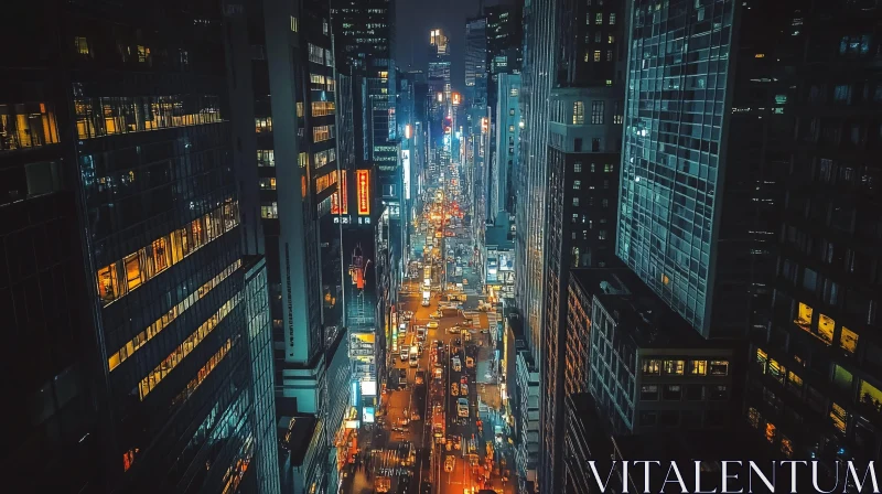 Breathtaking Night View of a Bustling City Street AI Image